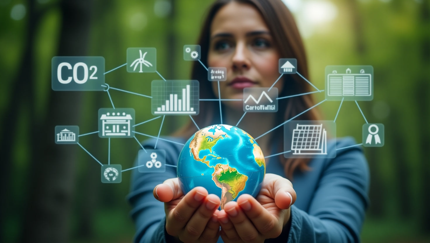 Professional infographic illustrating carbon trading process with digital charts and green energy icons