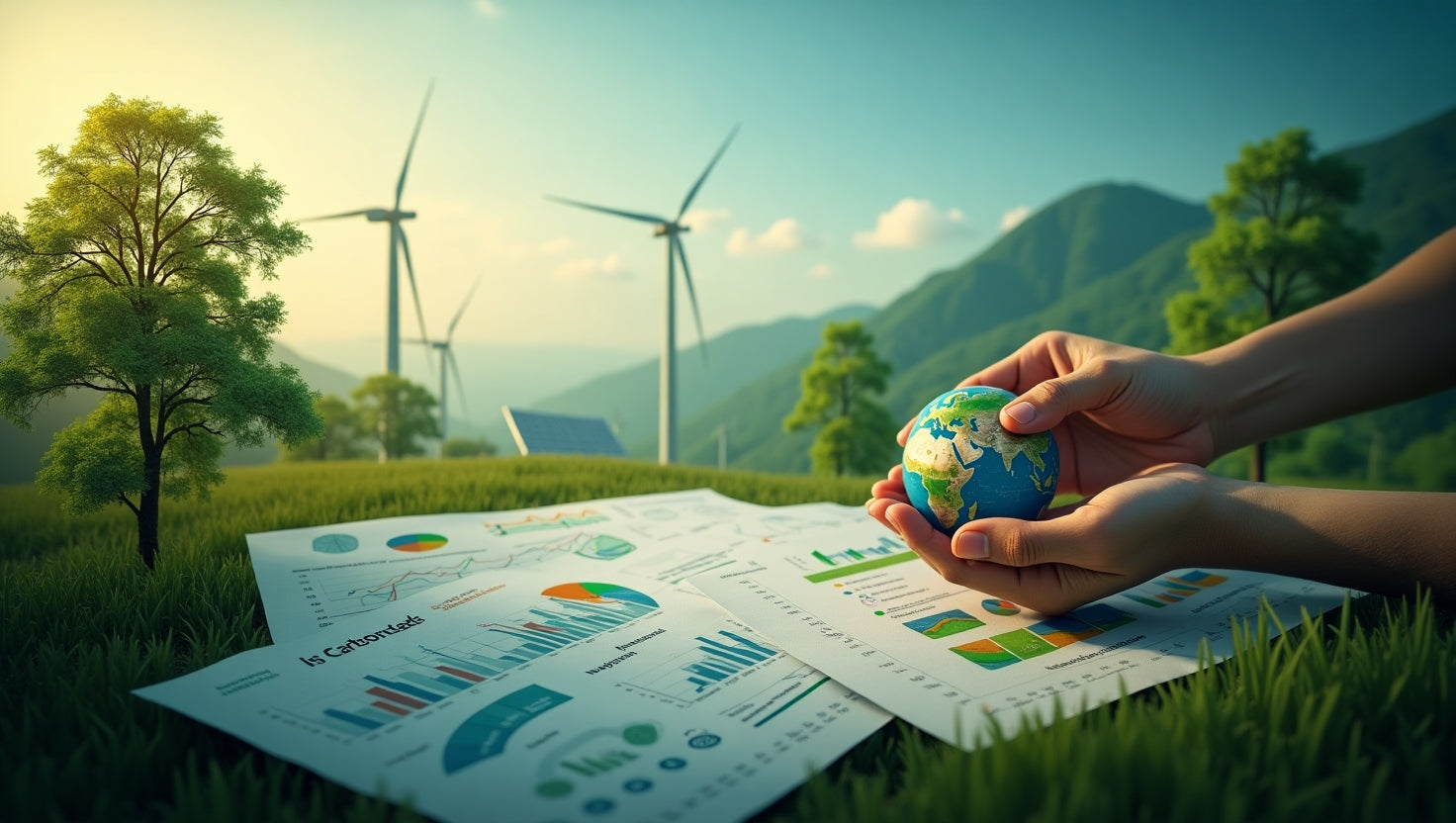 Professional infographic showing carbon credits trading and documentation in India with a PDF icon
