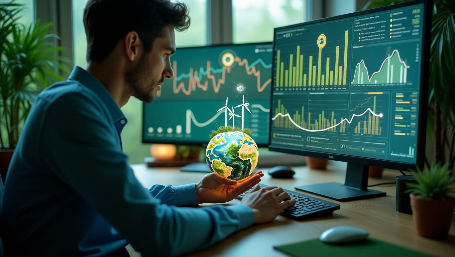 Professional graph showing fluctuating carbon credits price with green energy icons