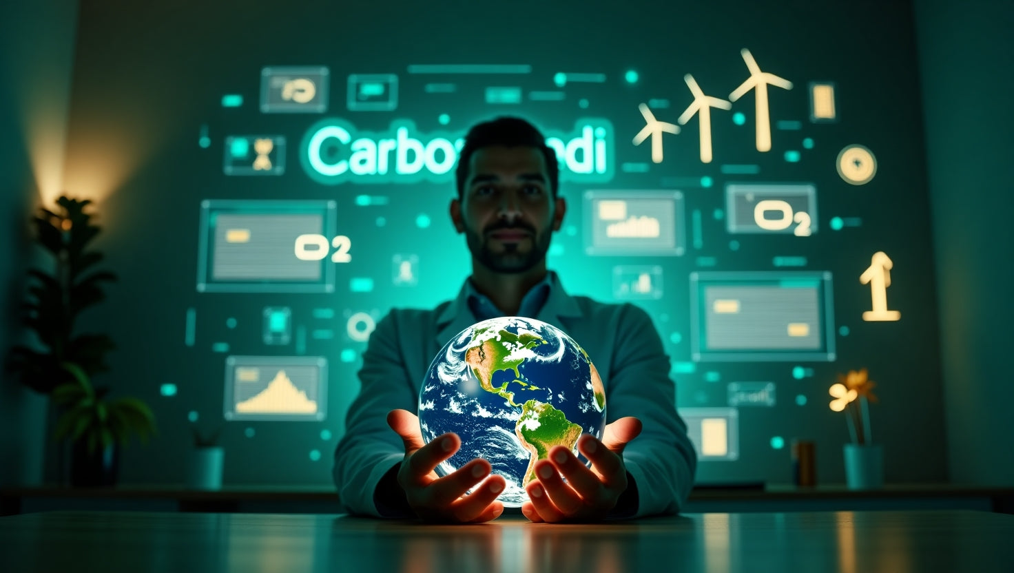 Professional illustration showing organizations issuing carbon credits with certificates and green energy symbols