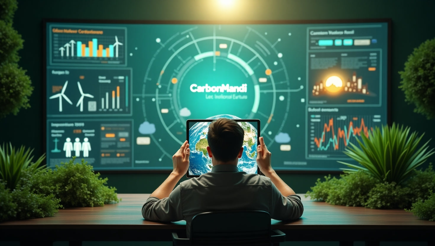 Professional illustration showing low carbon trading with digital graphs and green energy icons