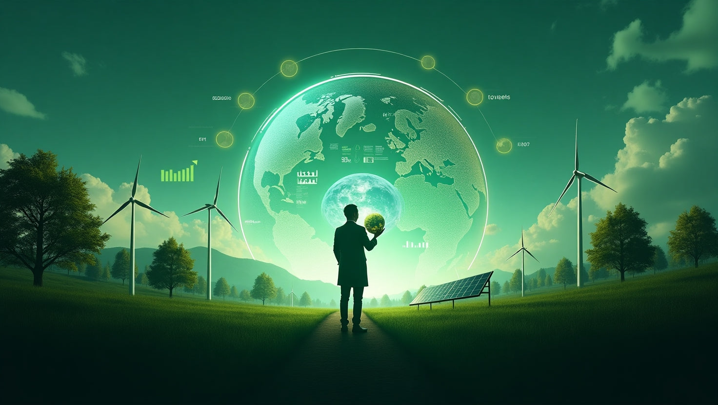 Professional illustration showing benefits of carbon credit systems with green energy icons and global impact