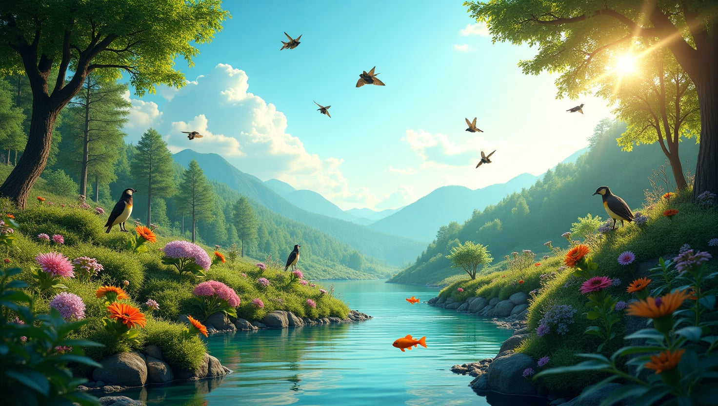 Illustration of a healthy forest with diverse trees and a clean river representing nature based solutions for environmental restoration and carbon capture