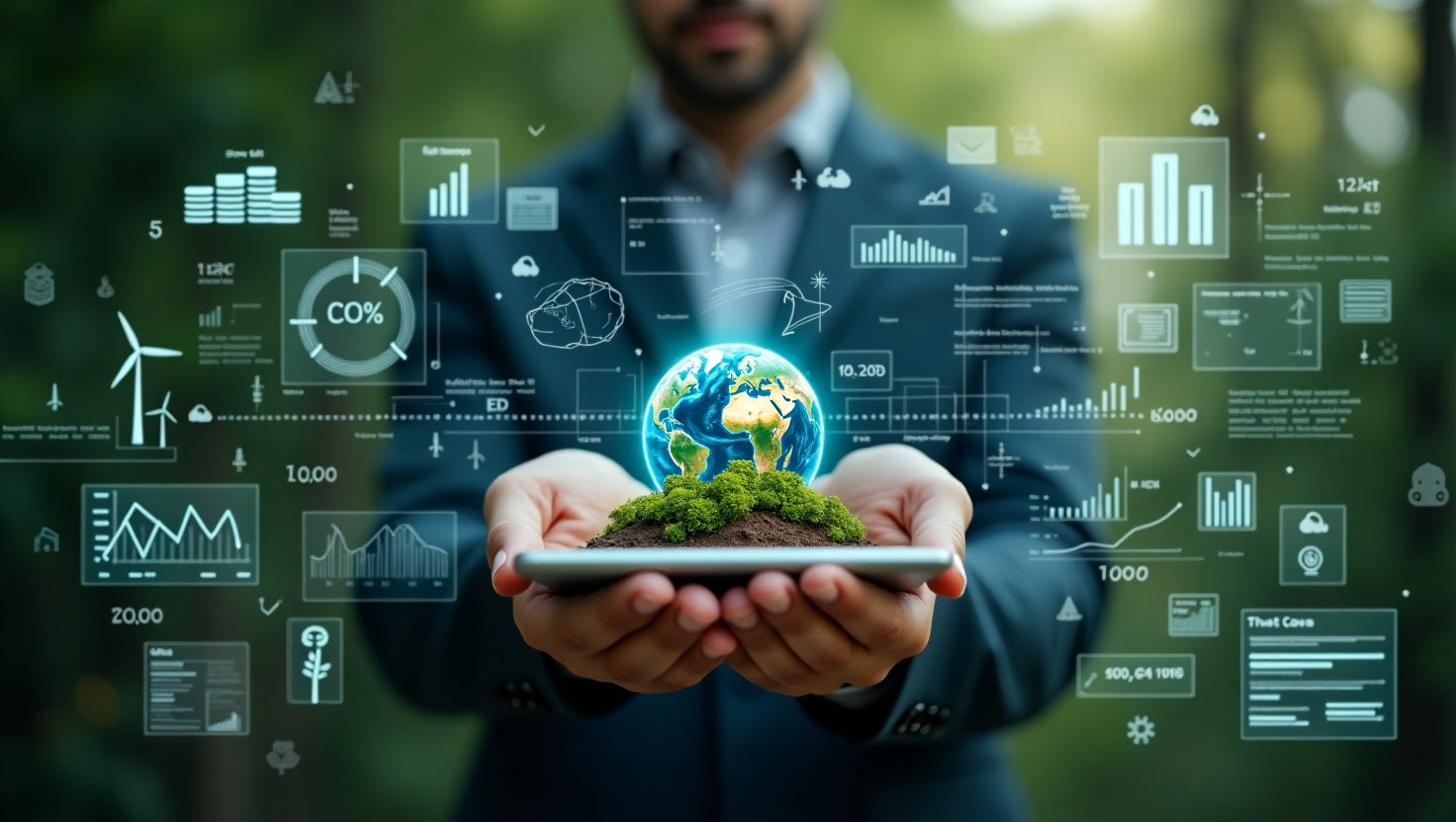 Professional illustration showing carbon credits market trends and news updates with charts and green energy icons
