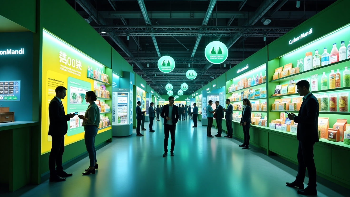 A digital marketplace interface displaying sustainability products, carbon credits, and eco-friendly project icons in a clean, modern style