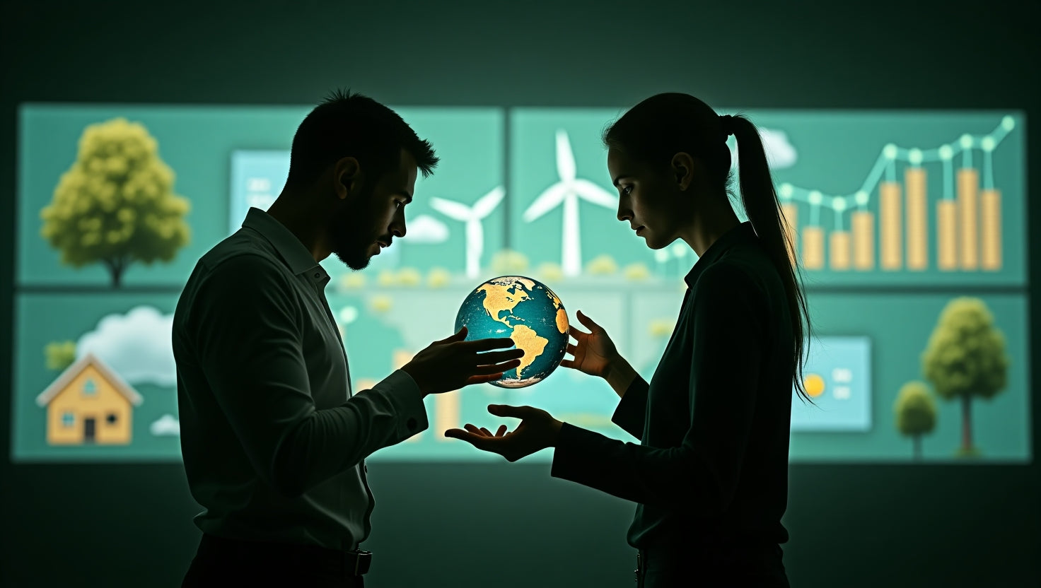 Professional infographic showing a digital carbon credit PDF document with charts and eco-friendly icons