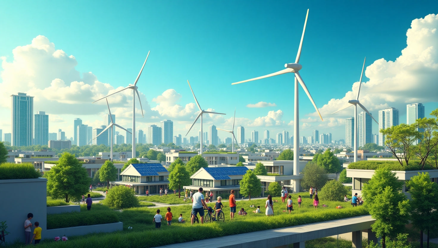 Modern professional illustration showing renewable energy sources and eco-friendly technology symbolizing the green economy explained concept