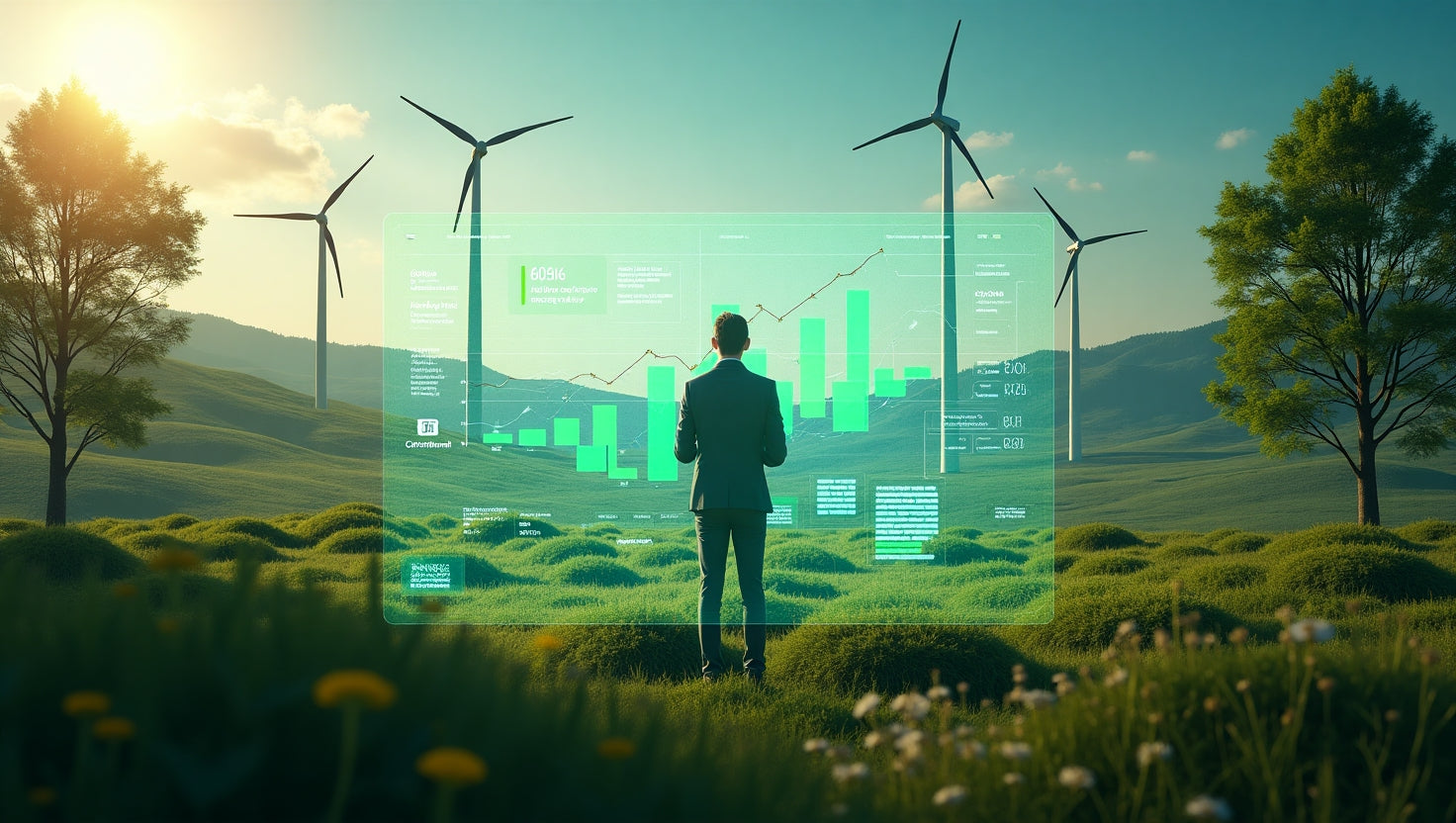 Professional illustration showing carbon credits concept with green energy and emission reduction symbols