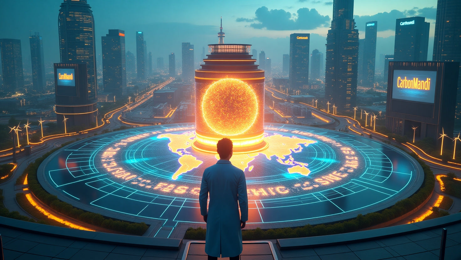 Illustration of energy transition showing wind turbines, solar panels, and a digital globe representing global sustainable energy shift